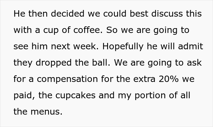 Text excerpt discussing compensation request after wedding vendors left bride with no cupcakes due to allergy issues.