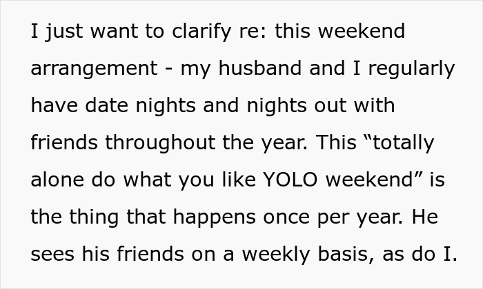 Text on a screen discussing a husband using a boys trip as a disguise and refusing to come home for a family emergency.