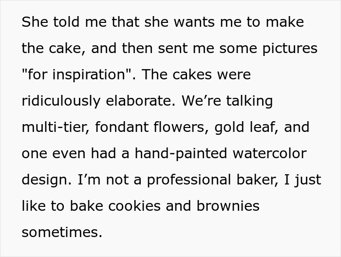 Bride thinks she can throw elaborate wedding without spending money struggles with detailed cake requests and baking skills.