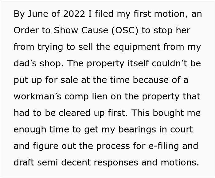 Text excerpt describing filing a motion to stop the step-monster from selling equipment amid financial and legal challenges.
