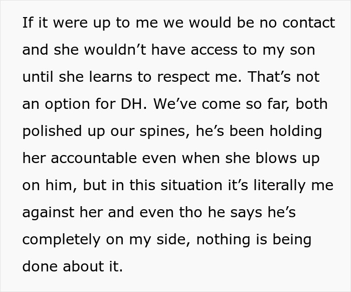 Text excerpt from a new mom confronting MIL, describing strained family dynamics and challenges with respect and accountability.