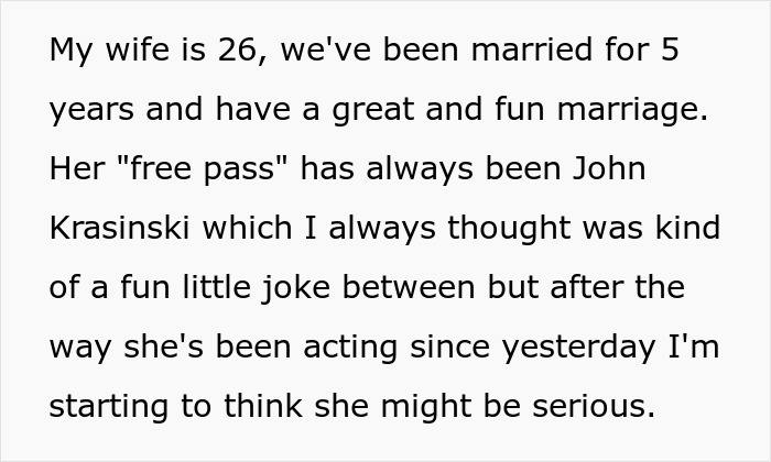 Text excerpt describing wife&rsquo;s free pass with John Krasinski and husband&rsquo;s reaction in a humorous marriage story.