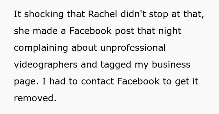 Text about woman refusing to film coworker&rsquo;s wedding for free and facing backlash posted on a Facebook business page.