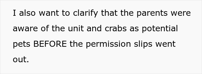 Text explaining parents were informed about hermit crabs as pets before permission slips were sent out in a school unit.