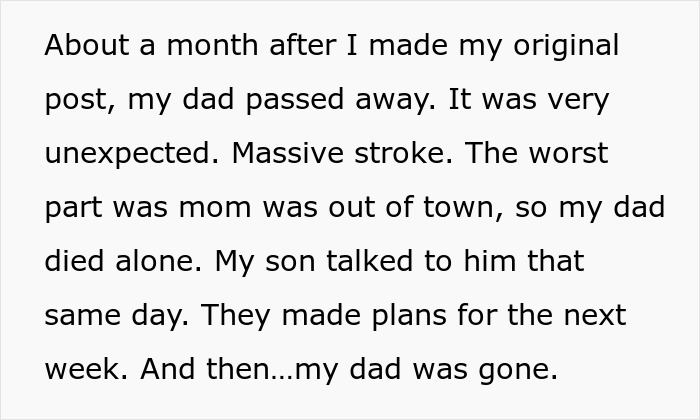 Text describing a family tragedy involving the sister revealing a dead brother&rsquo;s lie after their dad passed away unexpectedly.