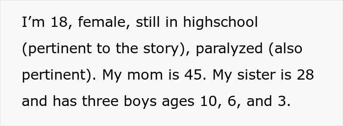 Text excerpt from a paralyzed woman explaining family details related to babysitting and social life conflicts.
