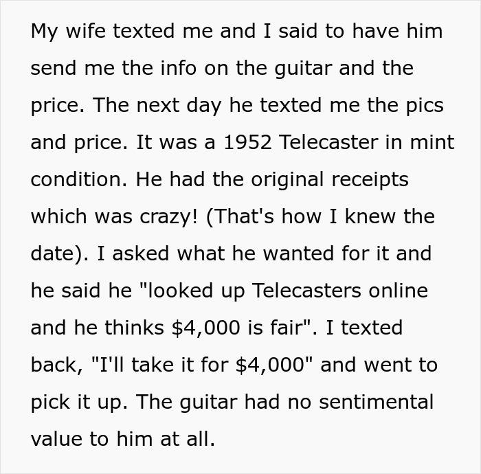 Text message describing purchase of a 1952 Telecaster guitar for $4,000 without sentimental value to seller. Text message describing purchase of a 1952 Telecaster guitar for $4,000 without sentimental value to seller.