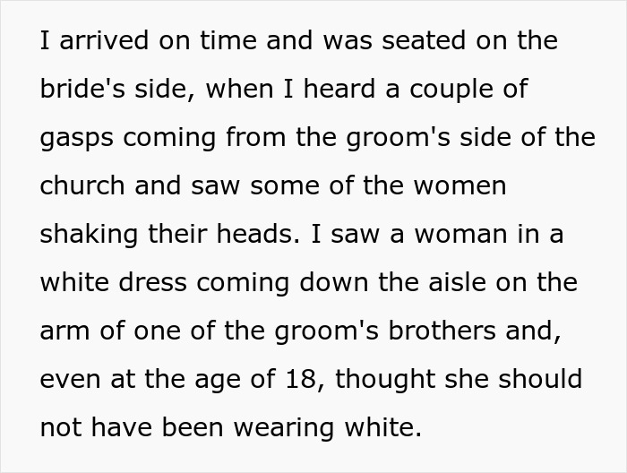 Guest wearing own wedding dress walking down the aisle, causing shock among wedding attendees on the groom's side.