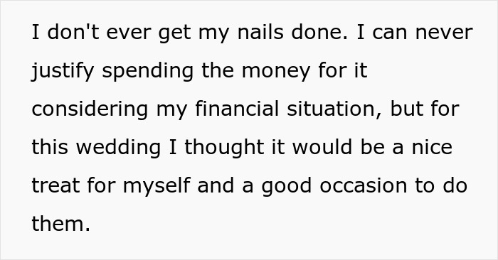 Bridesmaid doing her nails before a wedding, causing the bride to become self-conscious and upset.