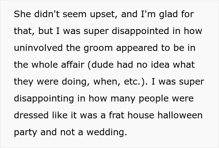 Text excerpt about disappointment in the groom and Halloween wedding guests dressed like a party, not a wedding.