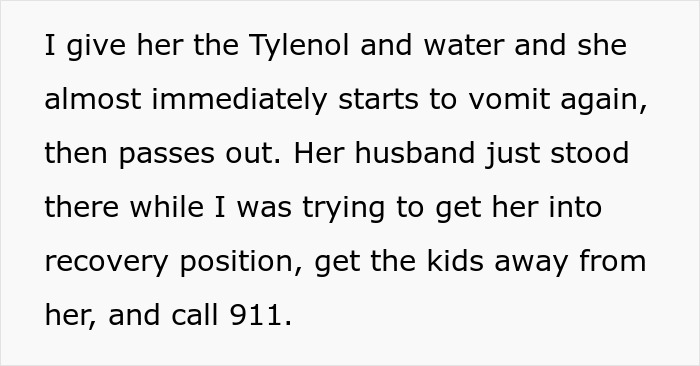 ALT text: Clueless husband stands watching as wife with 104-degree fever passes out while others help her with care.