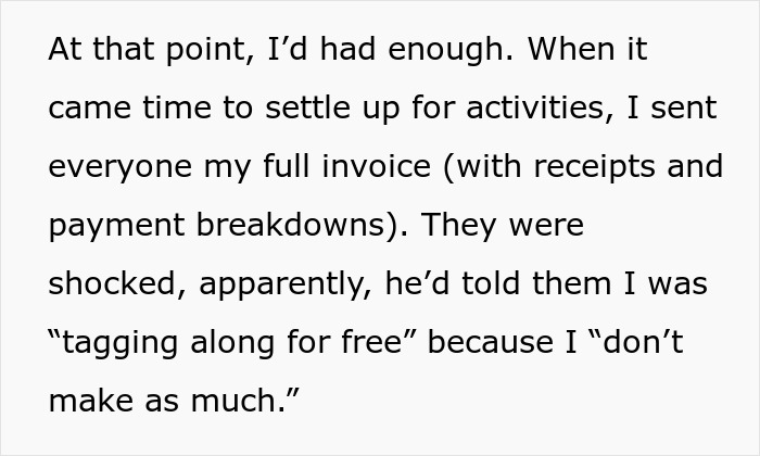 Text excerpt discussing a birthday trip expense dispute where friends were shocked about the actual payment details revealed.