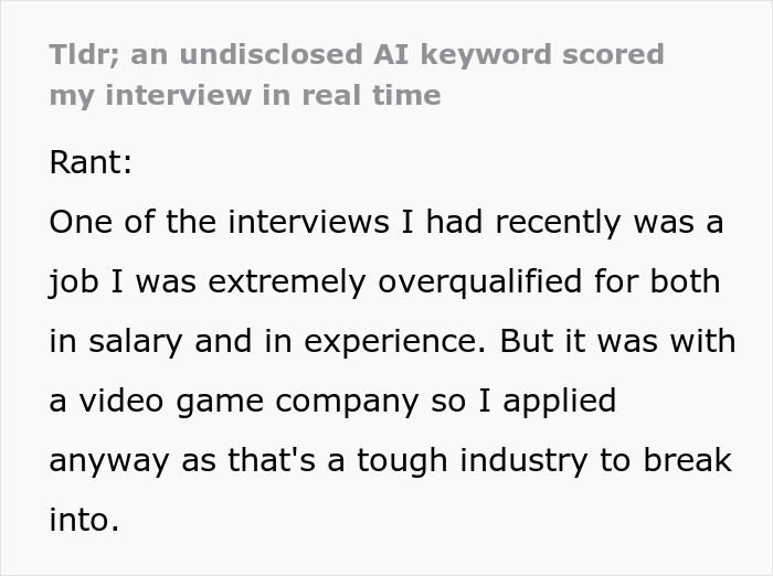 AI-scored job interview in real time with feedback during an overqualified candidate’s video game company application. AI-scored job interview in real time with feedback during an overqualified candidate’s video game company application.