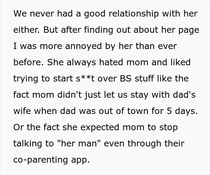 Text excerpt showing a teen expressing frustration about stepmom&rsquo;s hypocrisy and online lies in a family conflict.
