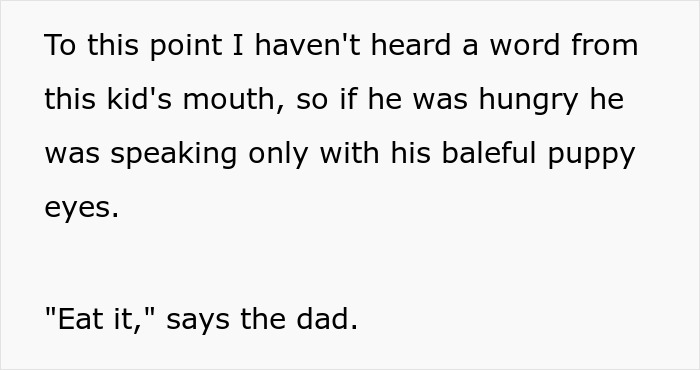 Text excerpt discussing a dad urging his kid to eat after stealing a spicy chicken sandwich, leading to chaos.