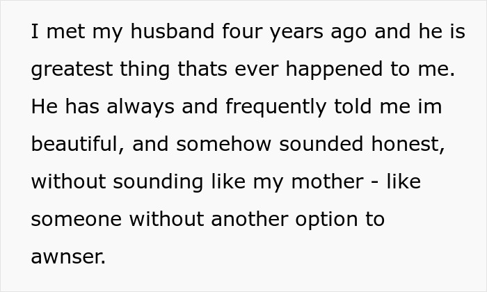 Alt text: Text about a wife reflecting on her husband&rsquo;s past honest compliments before hearing him admit she&rsquo;s ugly.