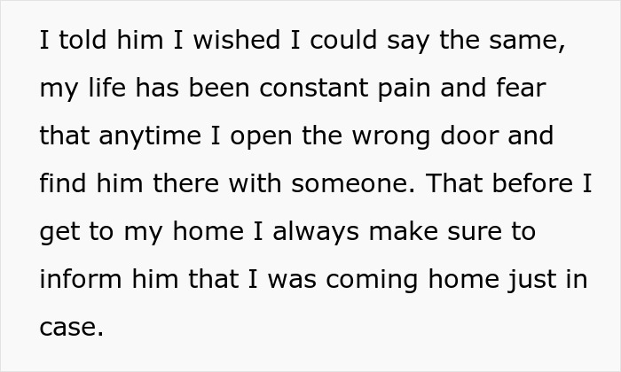 Text excerpt showing a heartbroken woman revealing the lasting pain of her hubby's affair from 10 years ago.