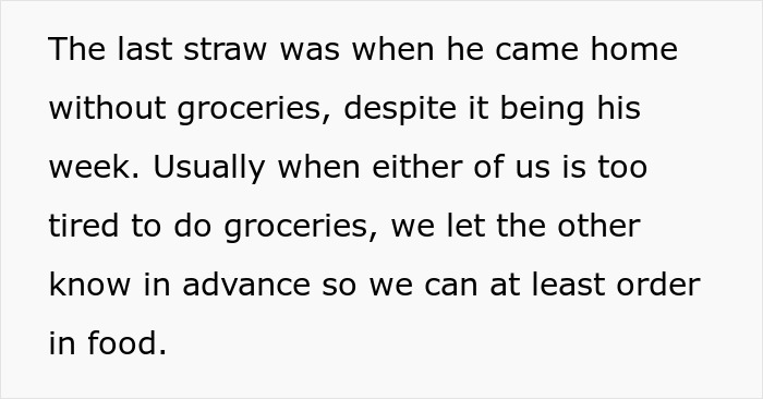 Text excerpt discussing a woman wanting fair chores and a man failing to buy groceries despite it being his turn.