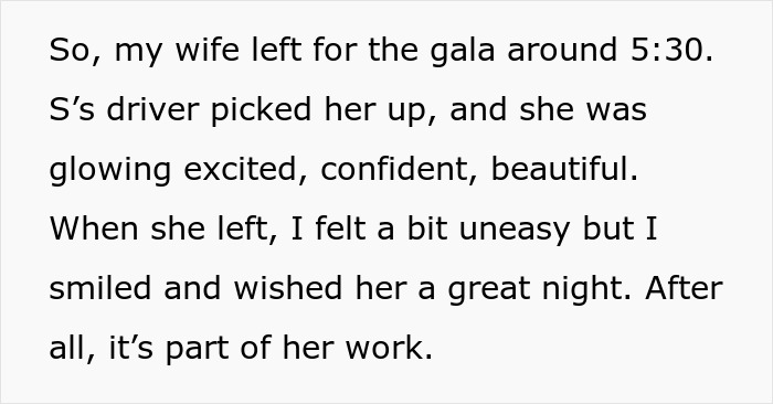 Woman goes to gala with client as date, leaving husband feeling uneasy and questioning their relationship.