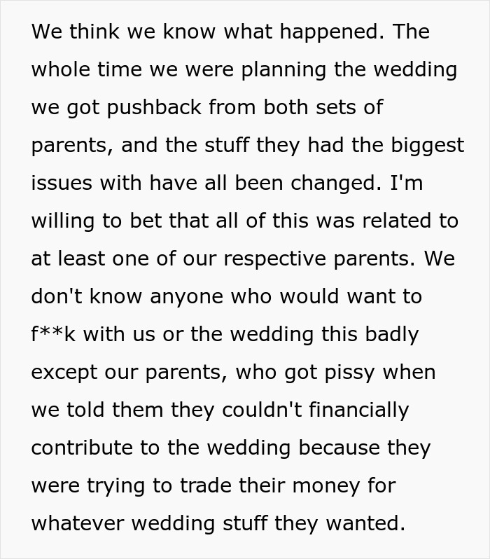 Text excerpt explaining how a couple believes their wedding was sabotaged by parents who opposed planning and finances.