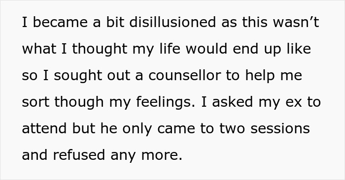 Text excerpt about a man siding with daughter's cheating ex during divorce, describing counseling and emotions.