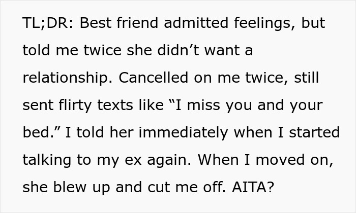 Text about best friend admitting feelings but facing rejection and her calling out after he starts dating another girl.