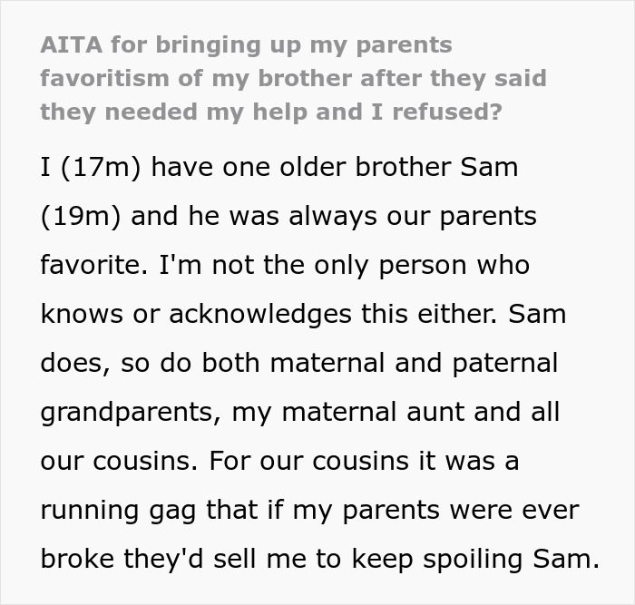 Text post discussing toxic parents' favoritism toward their golden child son and the younger son's refusal to help.