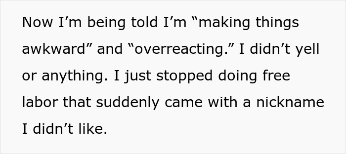 Text excerpt about a woman accused of making things awkward at work by stopping baking for colleagues over a nickname.