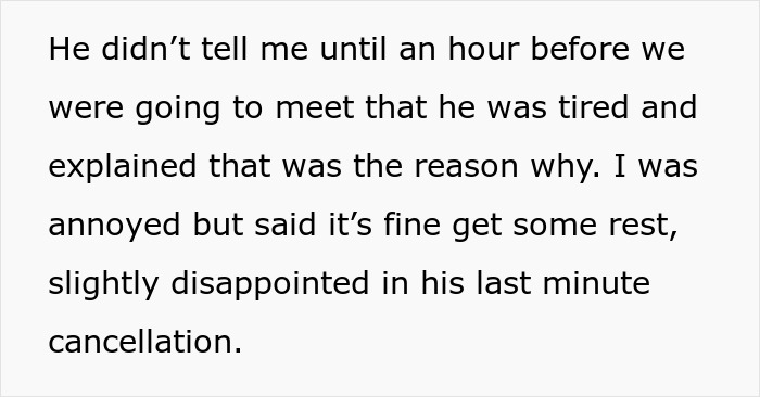 Text about a man&rsquo;s true colors showing during vacation, with girlfriend feeling disappointed by last-minute cancellation.