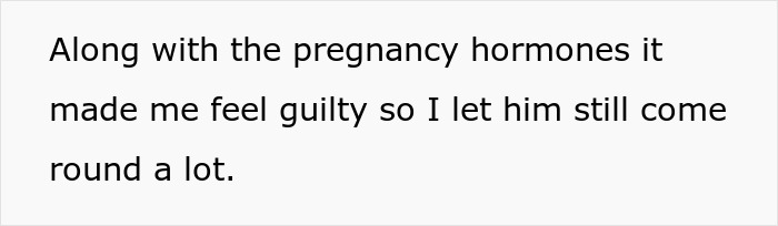 Text on a white background reading along with the pregnancy hormones it made me feel guilty so I let him still come round a lot.