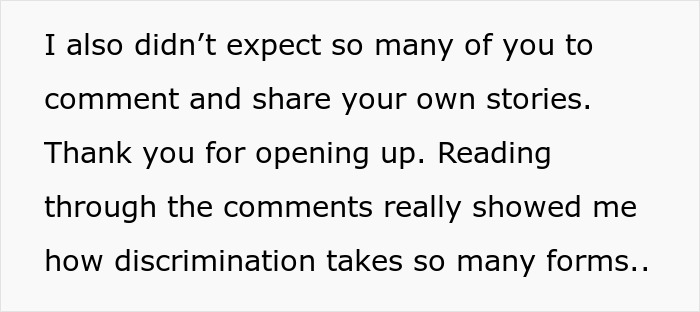 Text on white background about discrimination and comments, highlighting woman changes name to a more white-sounding one and gets job offers.