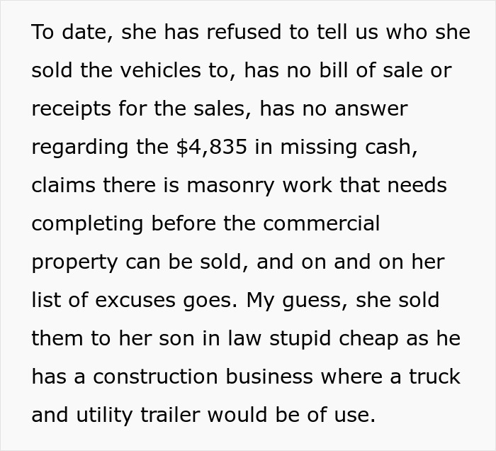 Text discussing missing cash, unsold vehicles, and excuses related to financial disputes in a grieving daughter's story.