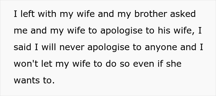 Text excerpt about a man refusing to apologize to his brother&rsquo;s wife amid accusations of cheating and family conflict.