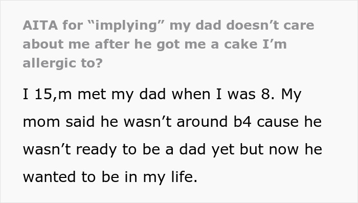 Text post from a teen telling dad would&rsquo;ve remembered if he cared after a cake allergy fail controversy.