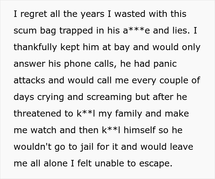 Text expressing regret about a toxic relationship involving panic attacks, threats, and emotional abuse.