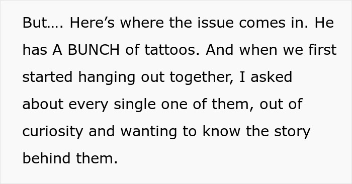 Text excerpt discussing a woman curious about her boyfriend&rsquo;s many tattoos and their stories in a couple&rsquo;s context.