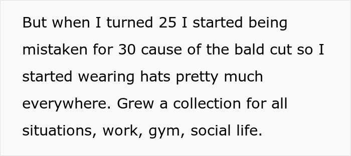 Text about a guy discussing wearing hats due to baldness, referencing coworker makeup question and online reactions.