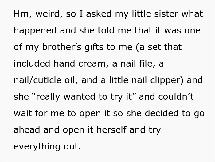 Teen opens stepsister's gifts without permission, causing family conflict when stepsister sets clear boundaries.