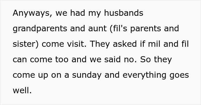 Text excerpt discussing a couple banning toxic in-laws from visiting their newborn after a family visit goes well.