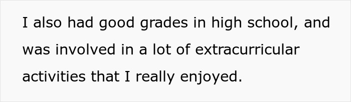 Text excerpt showing a reflection on good grades and enjoyment in extracurricular activities during high school.