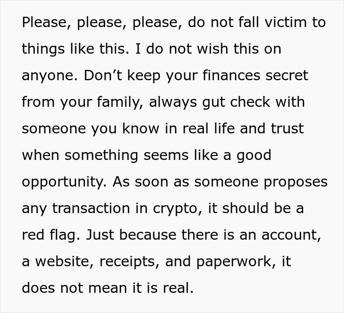 Warning message advising against falling for scam investments and stressing the importance of honest family communication. Warning message advising against falling for scam investments and stressing the importance of honest family communication.