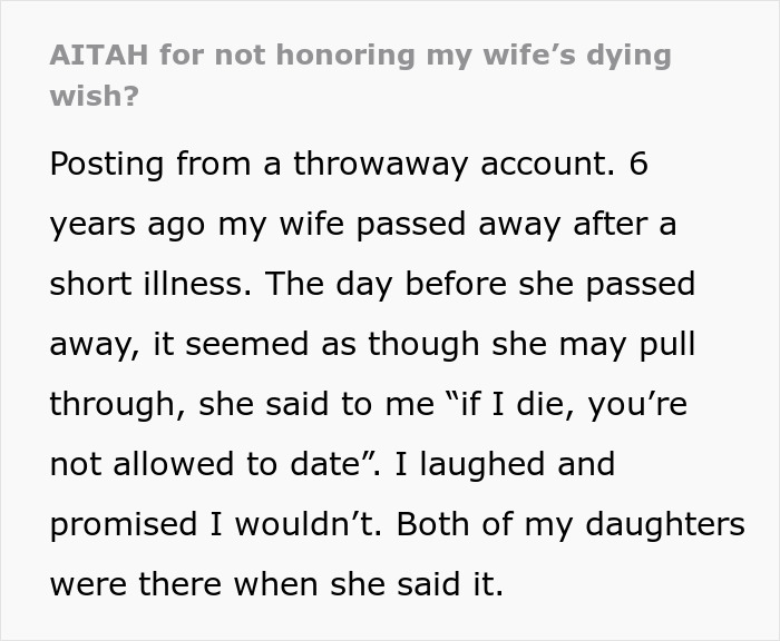 Alt text: Man struggles with his dying wife's wish not to date after she&rsquo;s gone, facing accusations from daughter calling him a cheater.