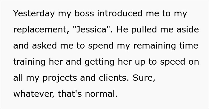 Text on screen describing a boss asking an employee to train their replacement despite company claims it can’t afford raises.