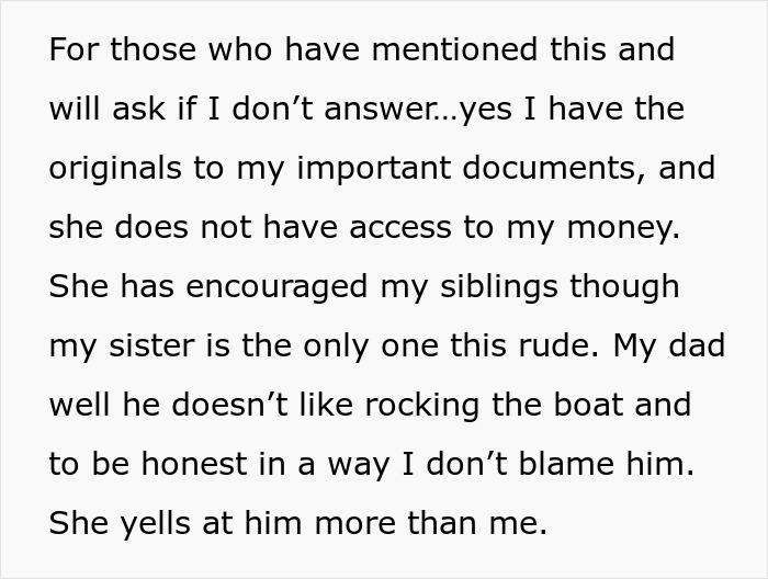 Text excerpt discussing family tensions involving a paralyzed woman refusing to babysit and social life issues.
