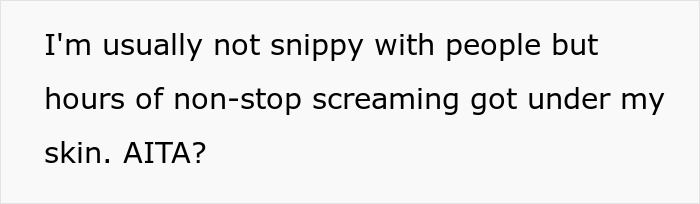 Text on a white background reads a passenger expressing frustration over an eight-hour toddler meltdown on a flight.