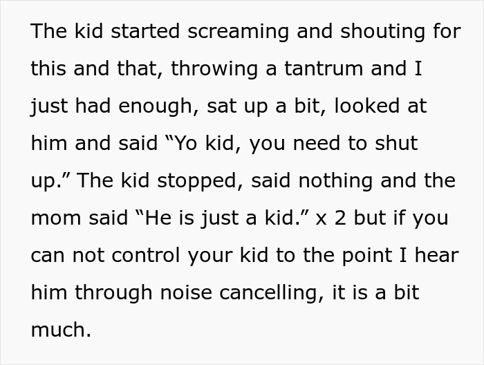 Man tells disruptive kid on plane to shut up, sparking upset reaction from the mom during a noisy flight incident.