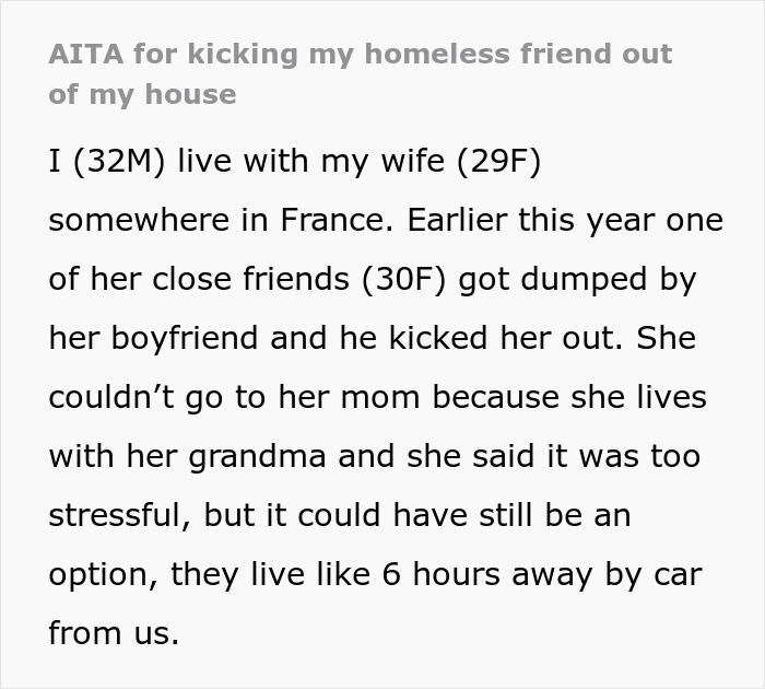 Text excerpt from a story about a homeless friend who moves in with a couple and overstays their welcome.