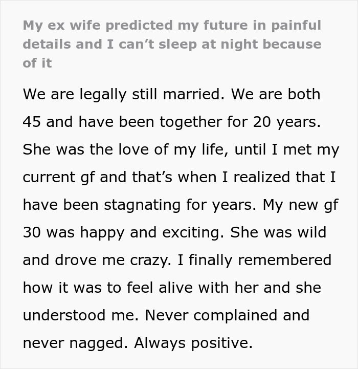 Man leaves wife for a younger woman and faces the brutal truth about his new relationship and stagnation.