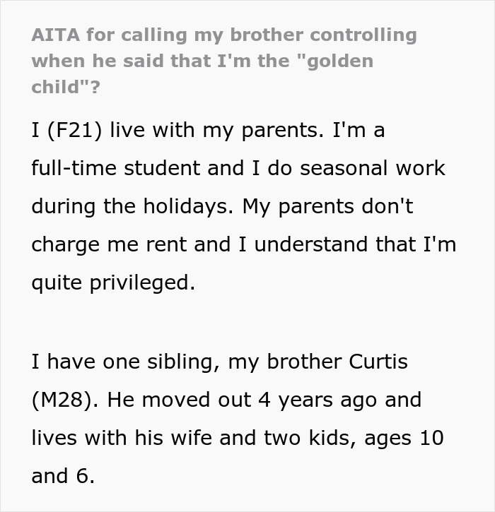 Young woman calls out her brother for being controlling after he labels her as the golden child in family dispute.