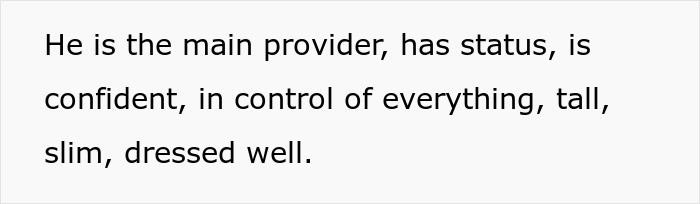 Text describing a confident, well-dressed man, main provider, tall and slim, related to absentee husband wanting 3rd kid concerns.